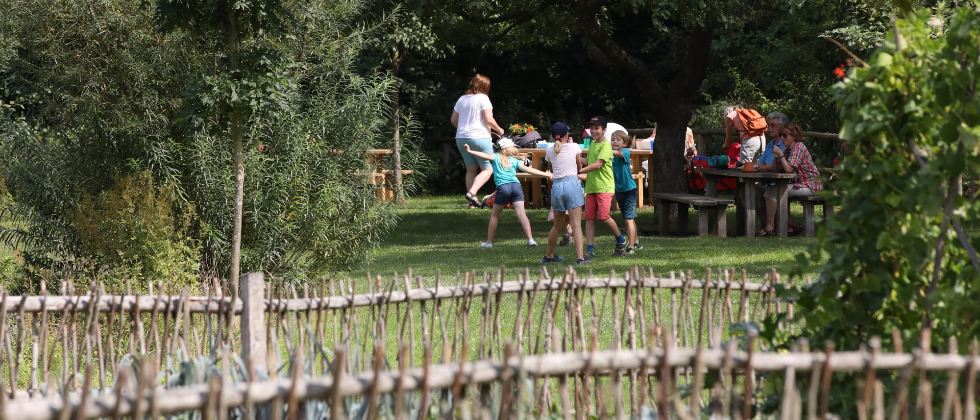 Familien mit Kindern pausieren und spielen an Picknickplatz im Grünen