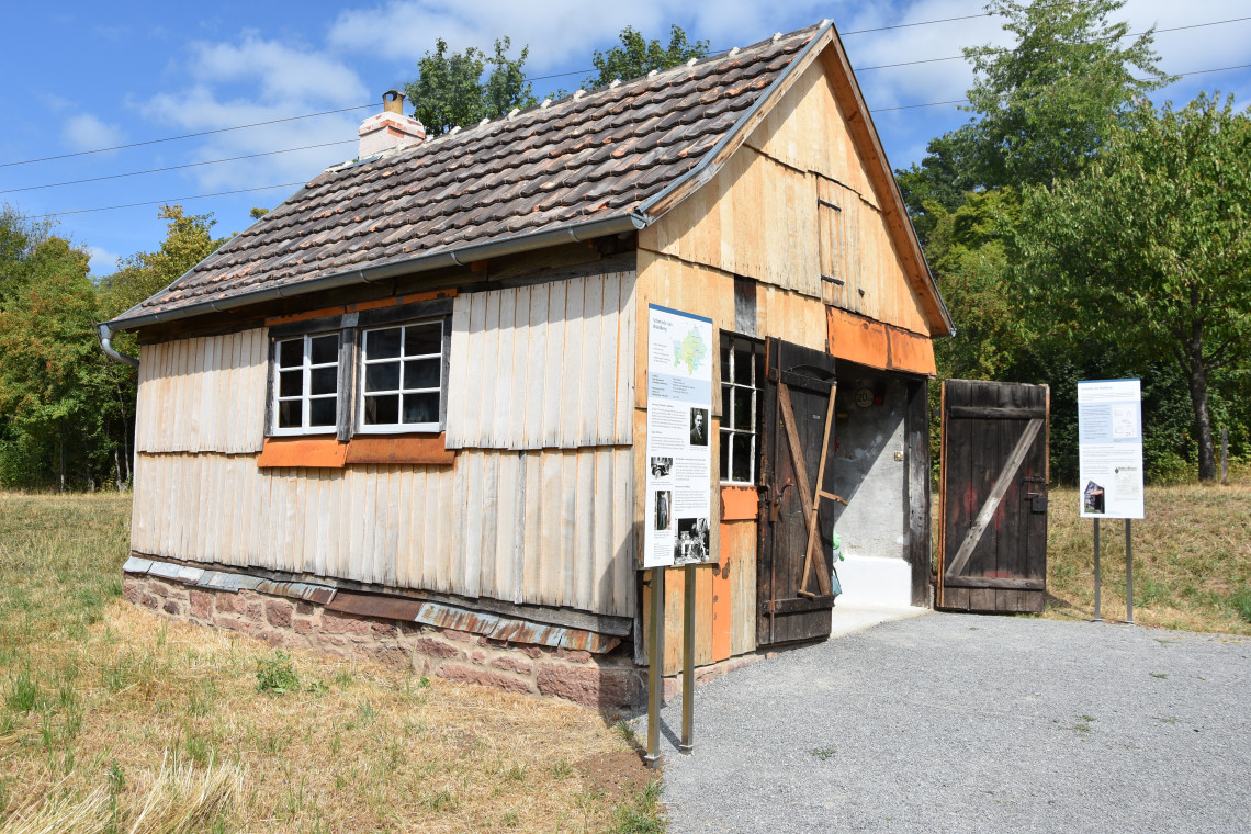 Mir Holz verkleidetes Gebäude auf grüner Wiese