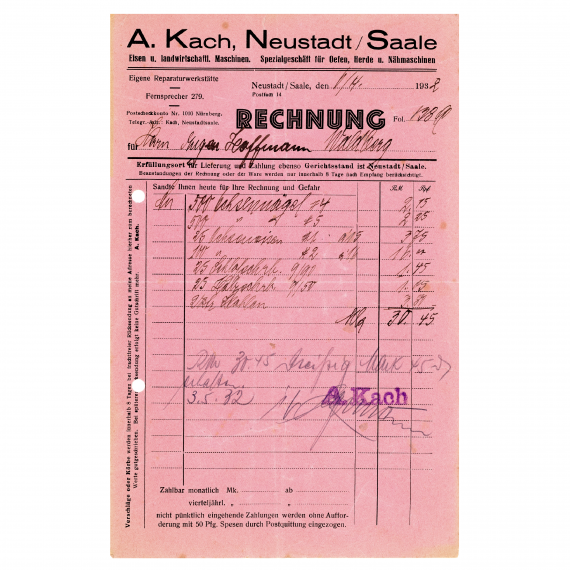 Rechnung der Firma &quot;A. Kach, Neustadt/Saale&quot;