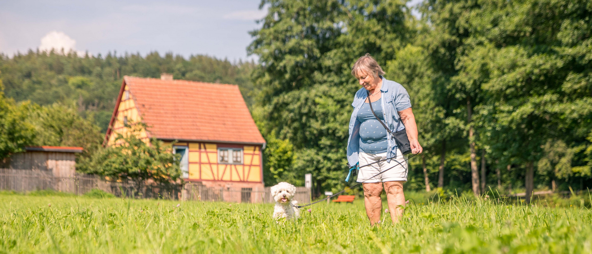 Frau mit Hund auf Wiese vor historischem Fachwerkgebäude