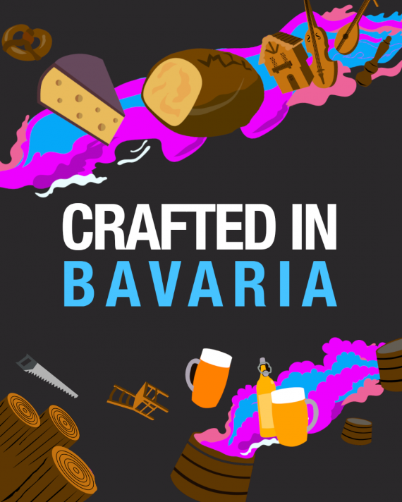 Text Crafted in Bavaria vor Illustrationen von Bier, Holz, Käse, Brot vor schwarzem Hintergrund