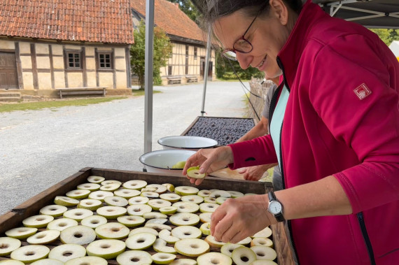 Frau belegt Holzrahmen mit Birnenscheiben, im Hintergrund Fachwerkh&auml;user