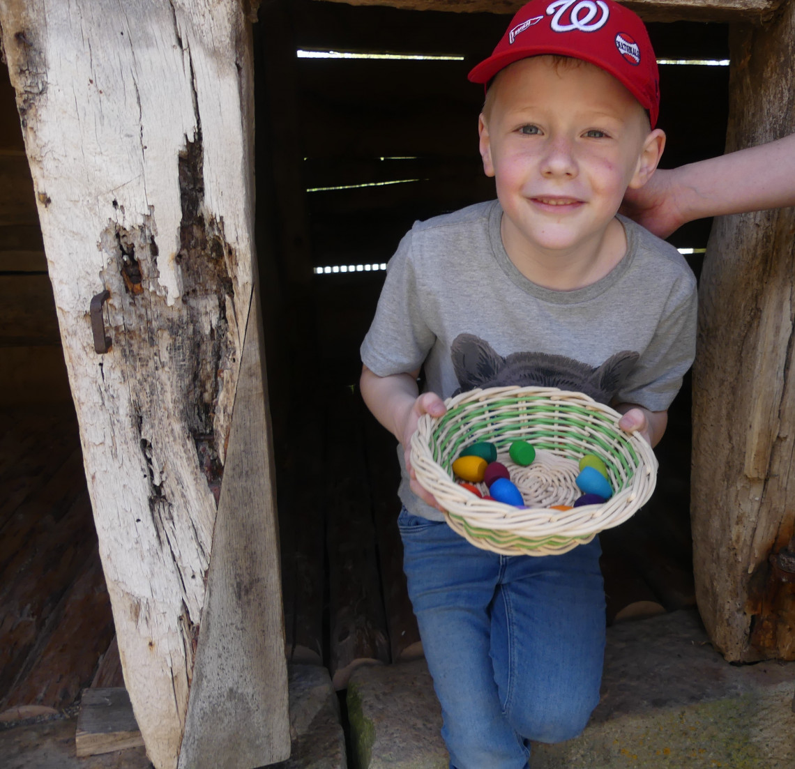 Junge mit Ostereier im K&ouml;rbchen in der Hand