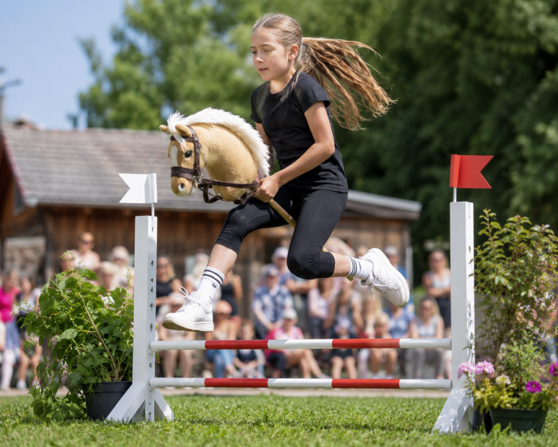 Mädchen springt mit Hobby Horse über ein Hindernis