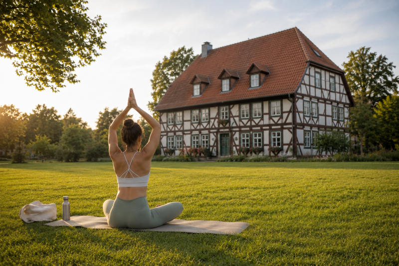 Frau in Yoga-Pose auf einer Matte auf einer Wiese, im Hintergrund ein Fachwerkhaus