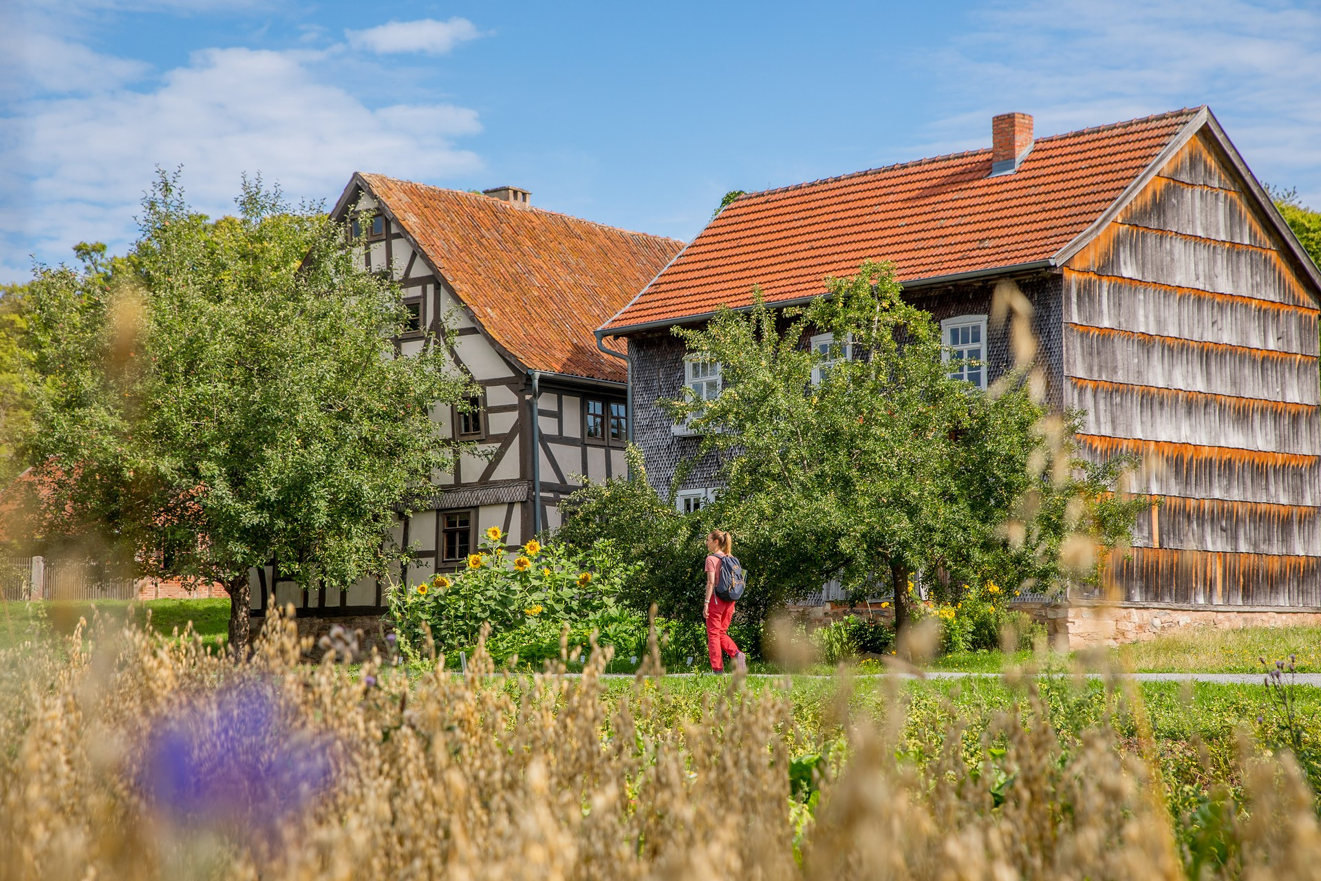 Frau mit Rucksack spaziert neben Felden und B&auml;umen vor zwei historischen Geb&auml;uden entland