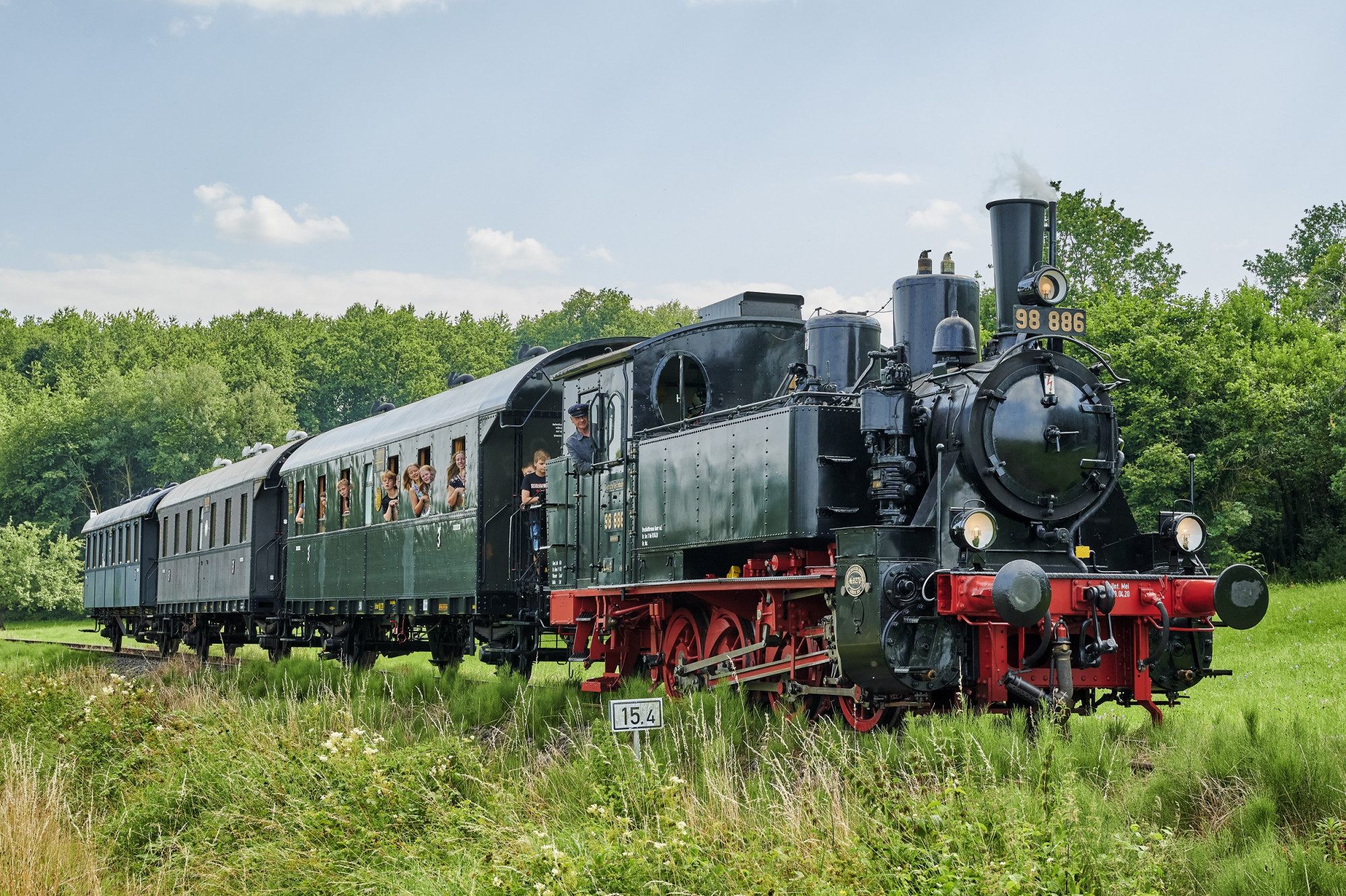 Dampflok mit Waggons f&auml;hrt durch gr&uuml;ne Landschaft