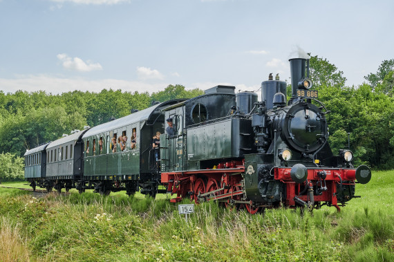 Dampflok mit Waggons f&auml;hrt durch gr&uuml;ne Landschaft